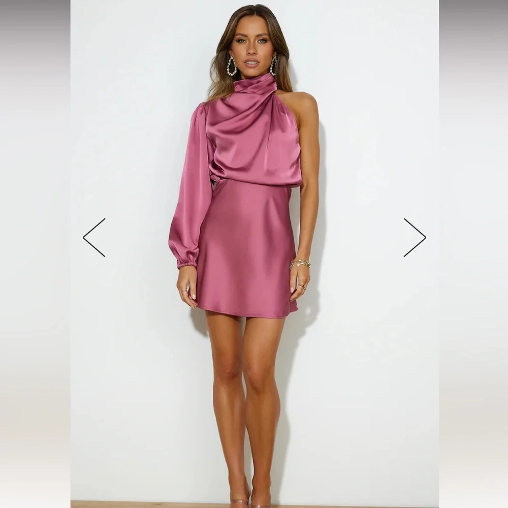 Hello Molly One-Shoulder Satin Mini Dress in Dusty Rose